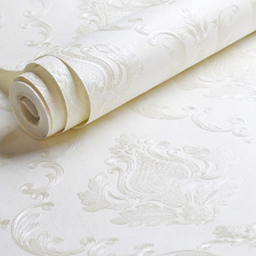 壁紙 ダマスク柄 ホワイト 白  damask 53cm×1000cm DIY のりなし かわいい おしゃれ クロス 補修 ラグジュアリー 北欧 賃貸壁紙 背景 プレゼント 贈物 厚手 シンプル ベッドルーム リビング お洒落 防音 リメイク リフォーム
