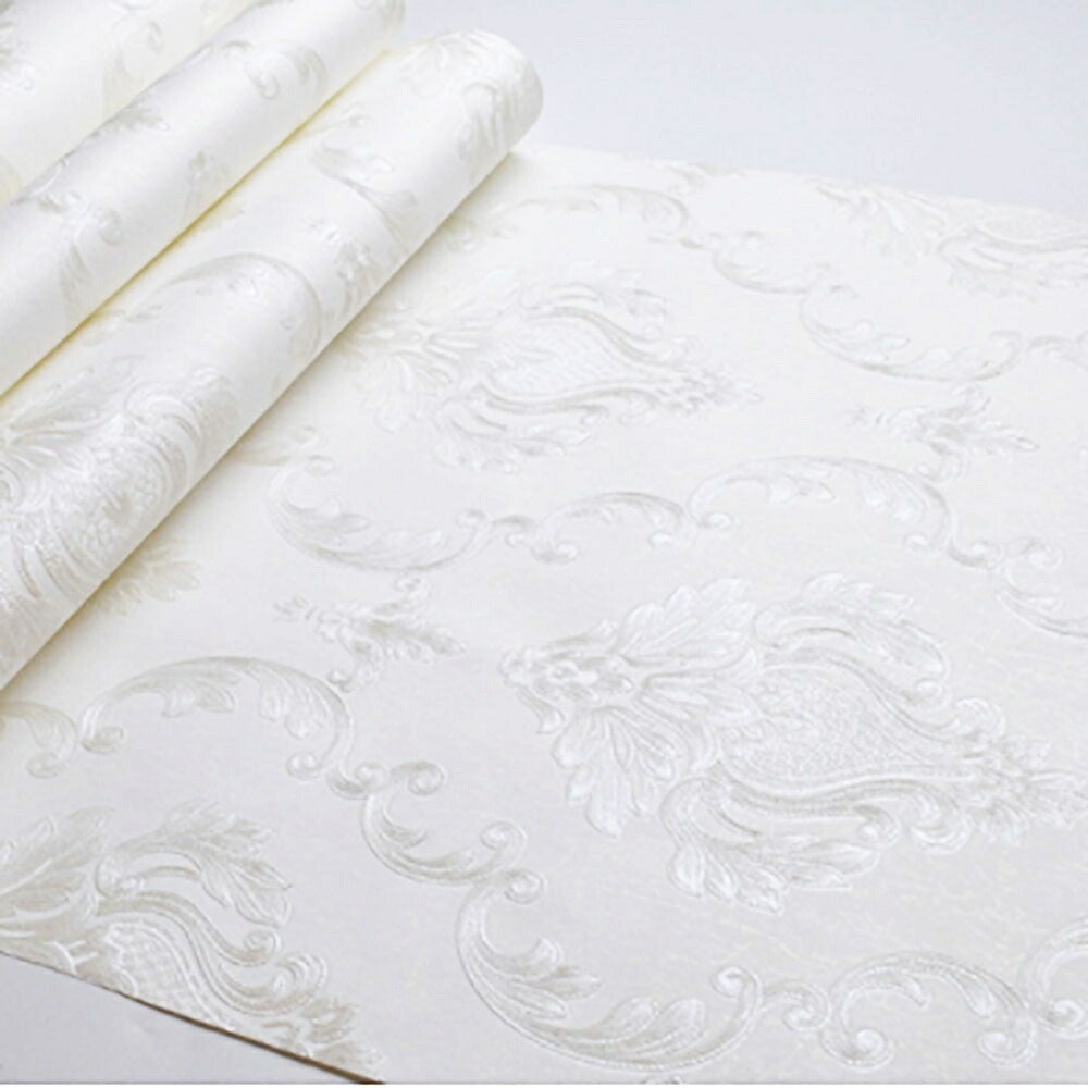 壁紙 3本セット ダマスク柄 ホワイト 白  damask 53cm×1000cm DIY のりなし かわいい おしゃれ クロス 補修 ラグジュアリー 北欧 賃貸壁紙 背景 プレゼント 贈物 厚手 シンプル ベッドルーム リビング お洒落 防音 リメイク