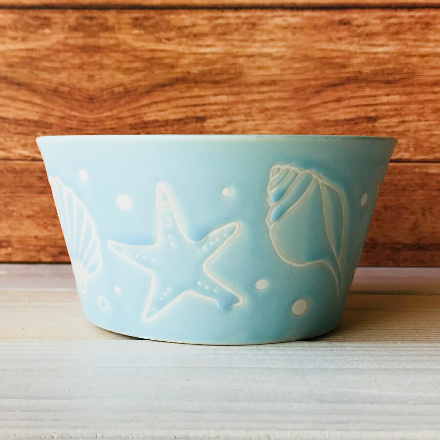 MERMAIDボウルМ ウォーターブルー(水色) 直径13.2cm ライトブルー ボール 大鉢 サラダ 海の食器 海の家 マリン 貝殻 海星 サンゴ マーメイド おしゃれ インスタ映え 西海岸風 リゾート 国産 電子レンジOK 食洗機OK  陶器のふる里  trysケ