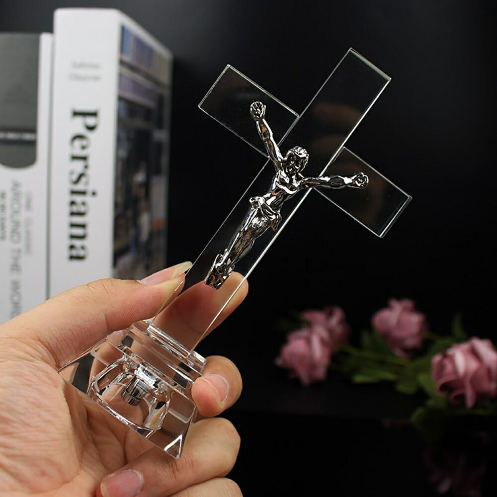 置物 ガラス キリスト像 LED クリスタル オブジェ ビンテージ クラシカル 十字架 磔 キリスト教 イエス 教会装飾 スタンド イエス・キリスト スタンドタイプ アンティーク クロス インテリア 小物 西洋風 北欧 欧州 クリスマス