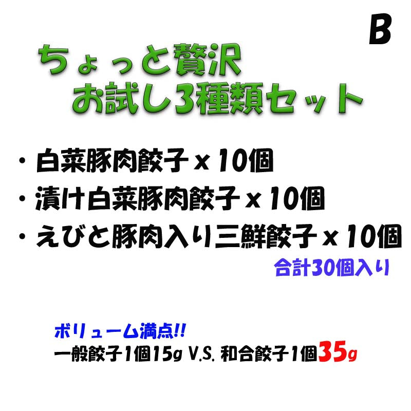 計30個 各味10個ずつ 和合餃子 ジャンボ水餃子 お試し3種類セットB