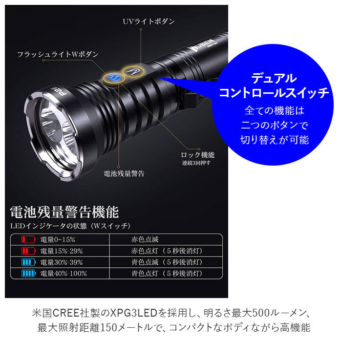 【ブラック】 WUBEN 懐中電灯 通販 LED 強力 充電式 リチウムイオン充電池 フラッシュライト 乾電池 単4 単四 ハンディライト ブラックライト UV 白色光 2way 明るい 500ルーメン 500LM 防水 防塵