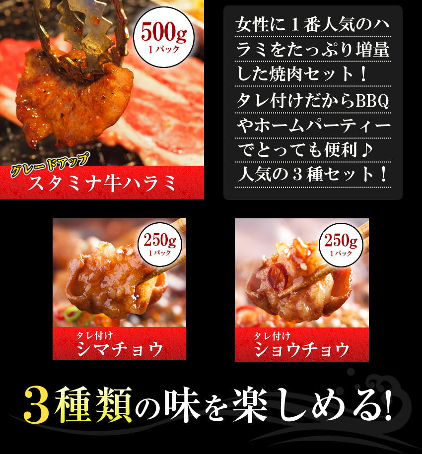 【合計1kg】3種焼肉セット（ハラミ500ｇ+タレ漬けシマチョウ250g＋タレ漬けショウチョウ250ｇ）【家計お助けSALE】
