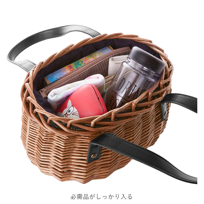【29965.ブラウン】 かごバッグ トート ミニサイズ 通販 カゴバッグ バスケット かご バッグ ミニトート おしゃれ レザーハンドル 柳 籠バッグ 巾着 シンプル かわいい ハンドバッグ 40代 大人 PU持ち手
