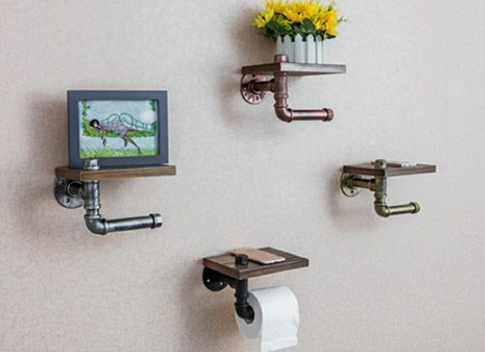 パイプ トイレットペーパー ペーパーホルダー アンティーク調 家具 ペーパーホルダー トイレ 壁付け 木製 ウッド 組立式 無垢木製 棚付き スマホ 小物 消臭剤 本 写真 収納 整理 トイレッペーパー オシャレ