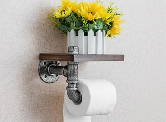 パイプ トイレットペーパー ペーパーホルダー アンティーク調 家具 ペーパーホルダー トイレ 壁付け 木製 ウッド 組立式 無垢木製 棚付き スマホ 小物 消臭剤 本 写真 収納 整理 トイレッペーパー オシャレ