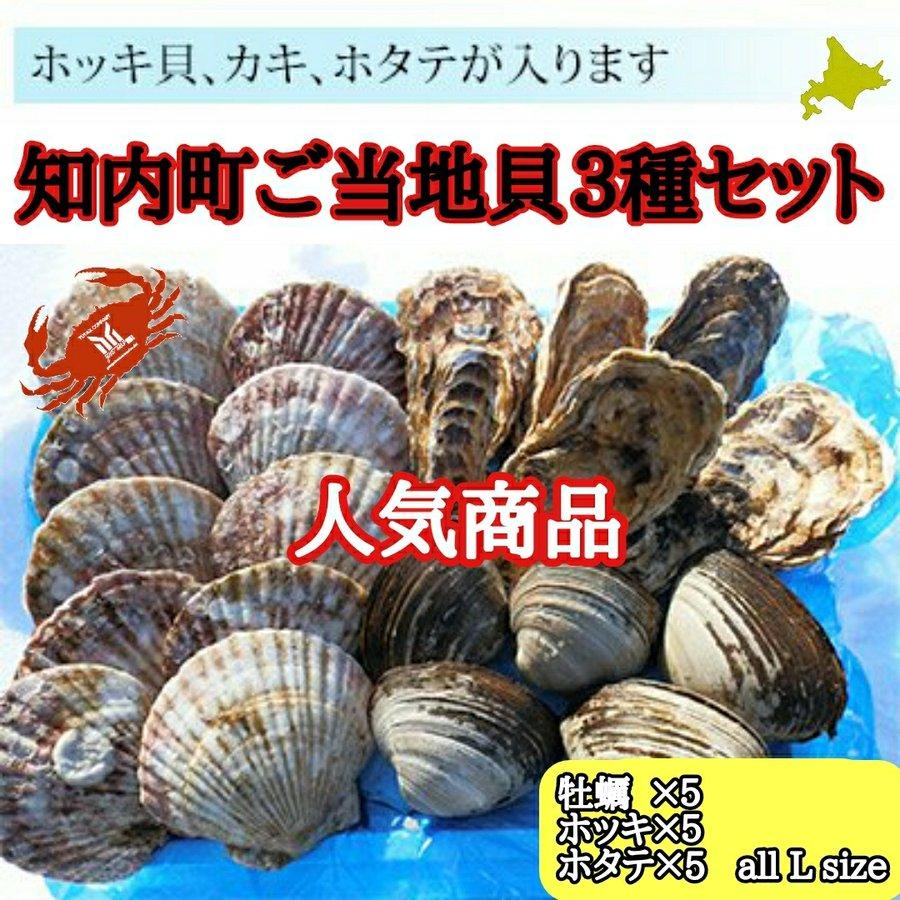 北海道知内産貝セット Lサイズ牡蠣 Lサイズホタテ Lサイズほっき 各5個