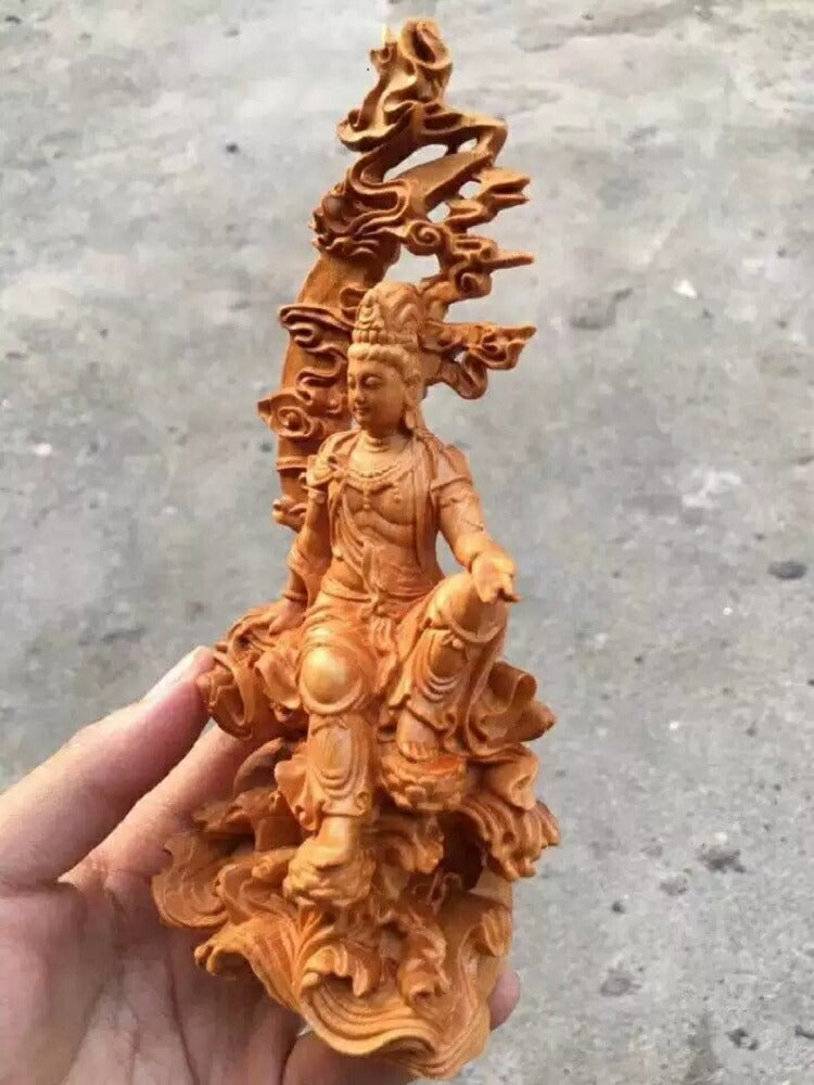 三日月 雲 観音像 観音菩薩 立像 木彫り 仏像 置物 仏壇 仏像 高級天然 ツゲ木彫り 唐草光背  風水 金運 プレゼント 贈り物 開店祝い 開店 お店 ショップ 会社 経営者 経営 宝くじ 金脈 商売繁盛 商売